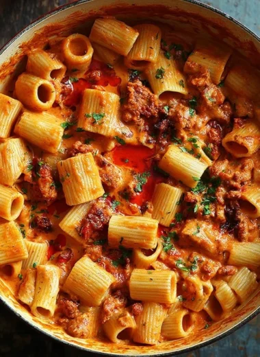 Creamy chorizo pasta dish topped with parsley and served in a bowl.
