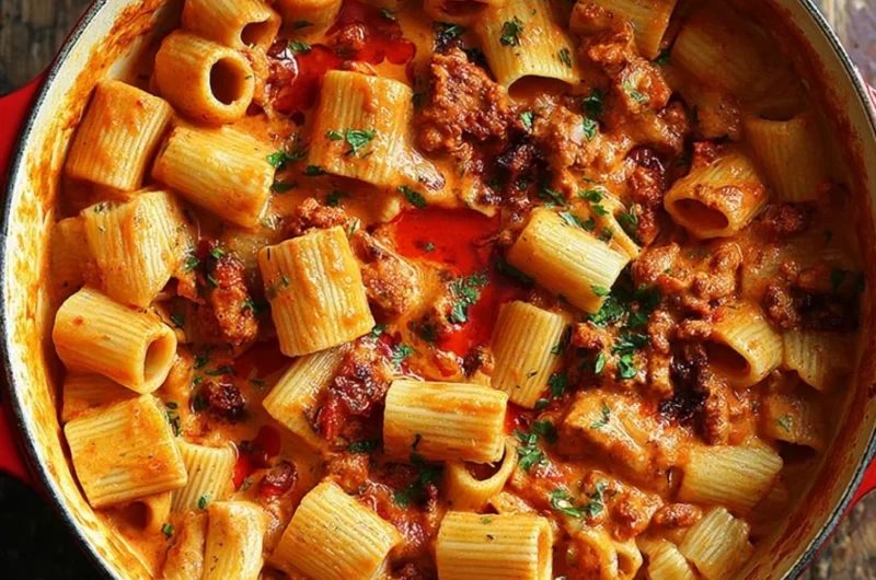 Creamy chorizo pasta dish topped with parsley and served in a bowl.