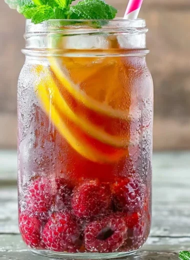 Glass of Earl Grey Raspberry Iced Tea with fresh raspberries and lemon slices.