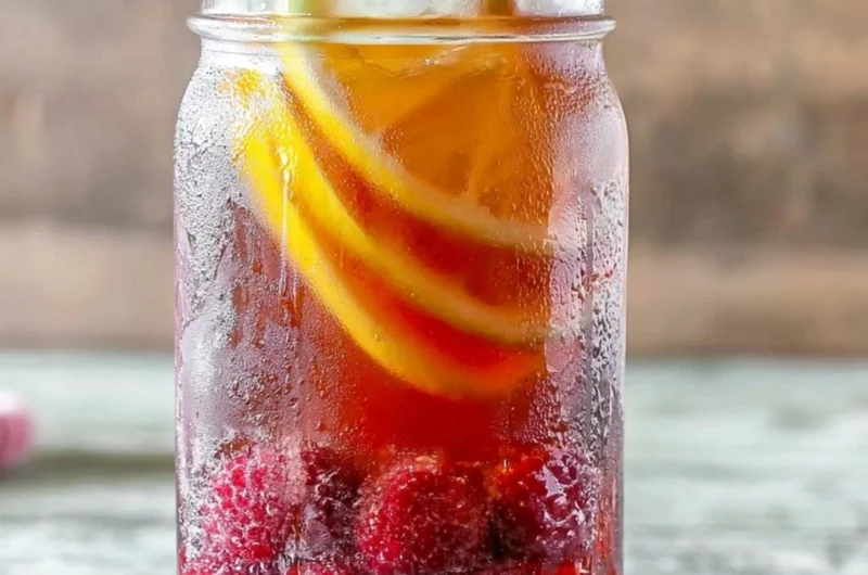 Glass of Earl Grey Raspberry Iced Tea with fresh raspberries and lemon slices.