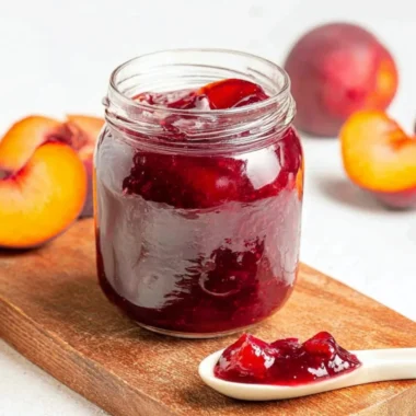 Homemade easy plum jam in a jar with ripe plums on the side