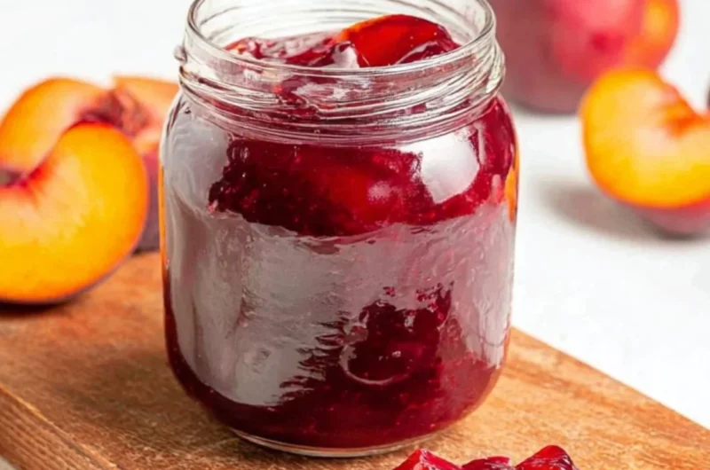 Homemade easy plum jam in a jar with ripe plums on the side