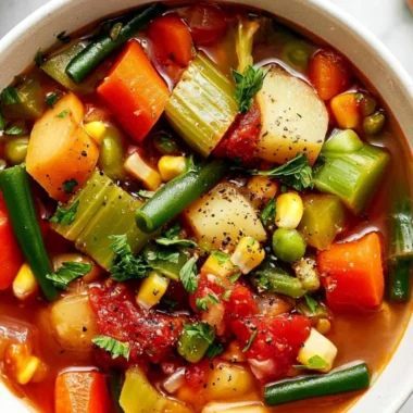Bowl of easy vegetable soup with vibrant vegetables and herbs