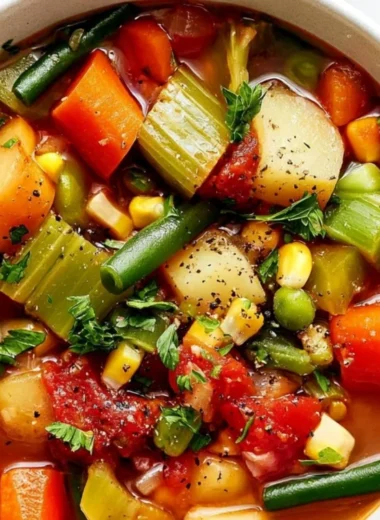 Bowl of easy vegetable soup with vibrant vegetables and herbs