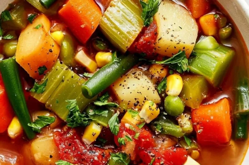 Bowl of easy vegetable soup with vibrant vegetables and herbs