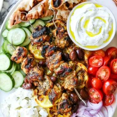 Delicious Greek chicken skewers grilled to perfection with fresh herbs