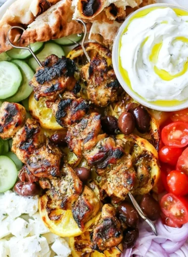 Delicious Greek chicken skewers grilled to perfection with fresh herbs