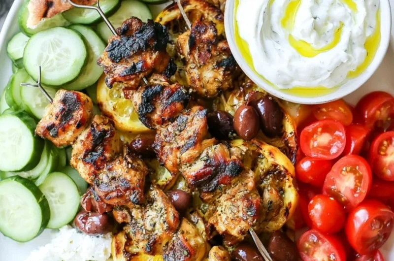 Delicious Greek chicken skewers grilled to perfection with fresh herbs