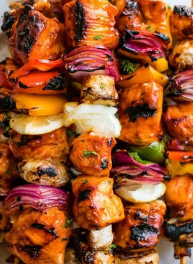 Grilled chicken kabobs with colorful vegetables on skewers