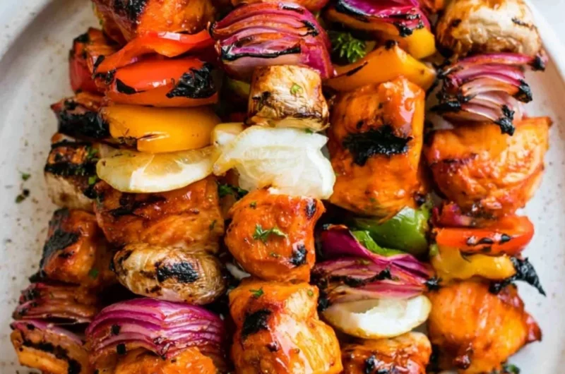 Grilled chicken kabobs with colorful vegetables on skewers