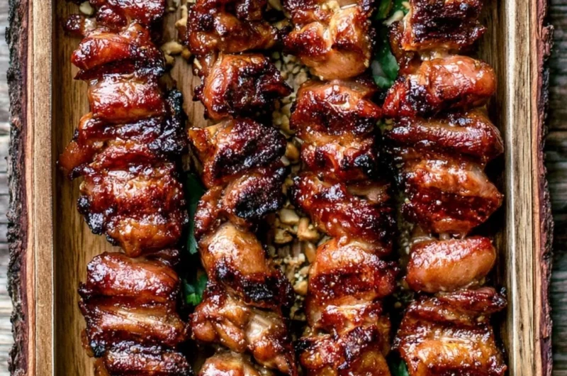 Grilled Thai Coconut Chicken skewers garnished with herbs