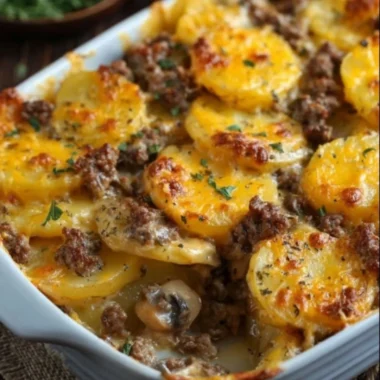Delicious Hamburger Potato Casserole topped with cheese and herbs