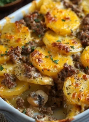 Delicious Hamburger Potato Casserole topped with cheese and herbs