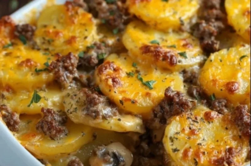 Delicious Hamburger Potato Casserole topped with cheese and herbs