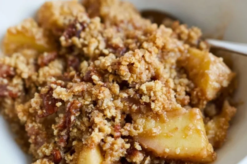 Healthy breakfast apple crumble topped with nuts and fruits on a plate.