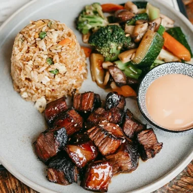 Delicious hibachi steak served with grilled vegetables and dipping sauce