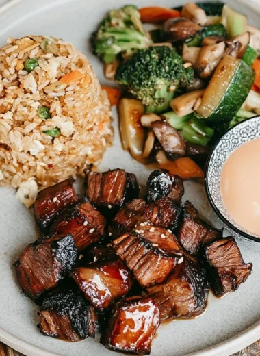 Delicious hibachi steak served with grilled vegetables and dipping sauce