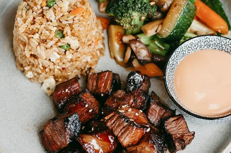 Delicious hibachi steak served with grilled vegetables and dipping sauce