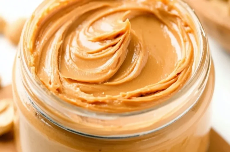 Homemade peanut butter in a jar with a spoon, ideal for spreads and recipes.