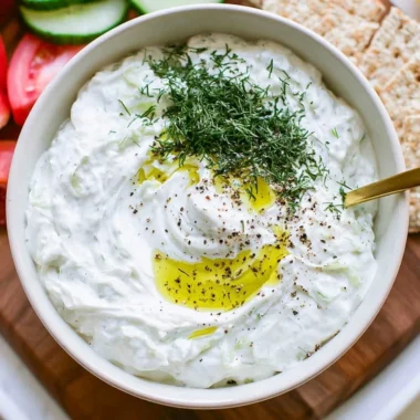 A bowl of homemade tzatziki sauce garnished with fresh herbs
