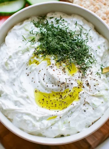 A bowl of homemade tzatziki sauce garnished with fresh herbs