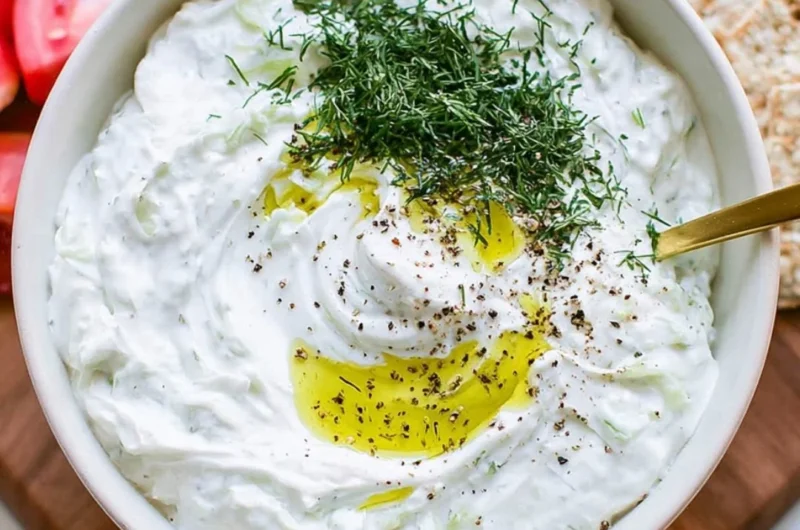 A bowl of homemade tzatziki sauce garnished with fresh herbs