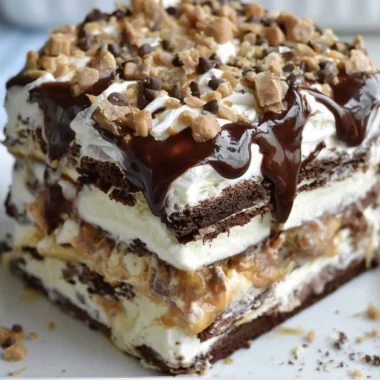Delicious Ice Cream Sandwich Cake layered with chocolate and vanilla ice cream