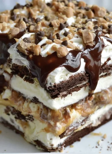Delicious Ice Cream Sandwich Cake layered with chocolate and vanilla ice cream
