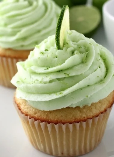 Delicious Key Lime Cupcakes with cream frosting on a rustic wooden table