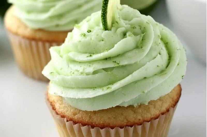 Delicious Key Lime Cupcakes with cream frosting on a rustic wooden table