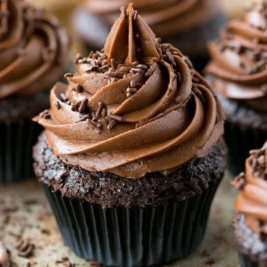 Moist chocolate cupcakes topped with creamy frosting and chocolate sprinkles