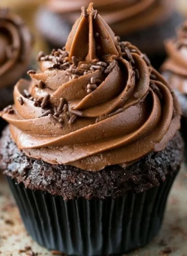 Moist chocolate cupcakes topped with creamy frosting and chocolate sprinkles