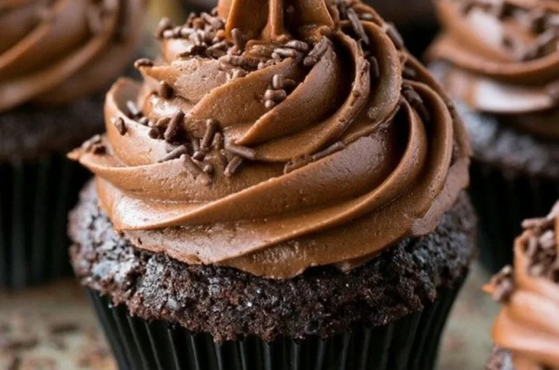 Moist chocolate cupcakes topped with creamy frosting and chocolate sprinkles