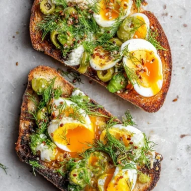 A delicious slice of toast topped with creamy egg salad garnished with herbs.
