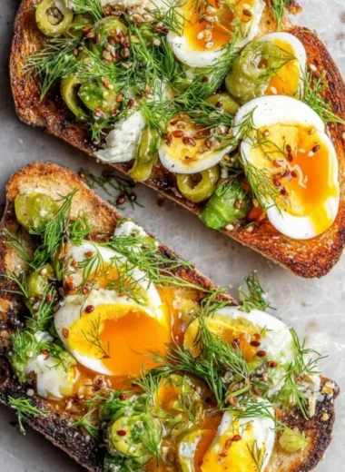 A delicious slice of toast topped with creamy egg salad garnished with herbs.