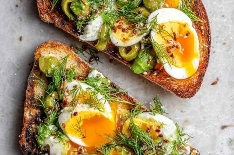 A delicious slice of toast topped with creamy egg salad garnished with herbs.