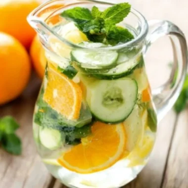 Orange cucumber and mint water in a glass with fresh ingredients around it