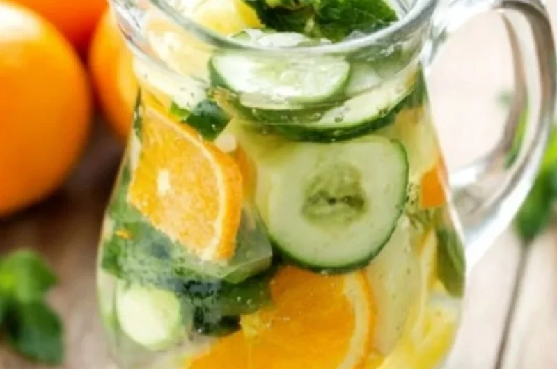 Orange cucumber and mint water in a glass with fresh ingredients around it