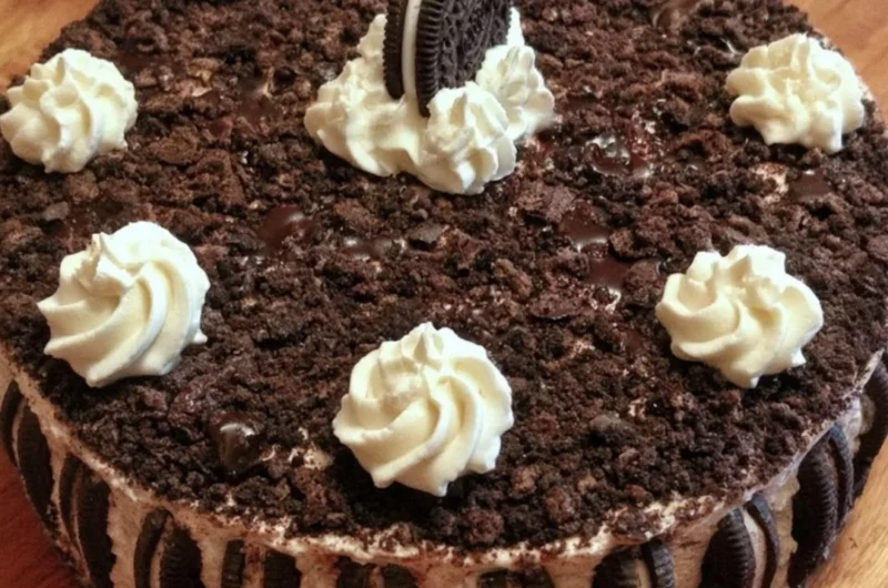 Oreo Easy Ice Cream Cake with chocolate and vanilla layers topping
