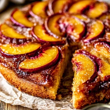 Peach Bourbon Upside-Down Cake topped with caramelized peaches and bourbon glaze