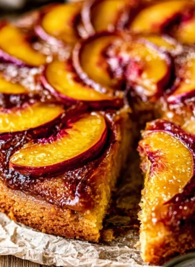 Peach Bourbon Upside-Down Cake topped with caramelized peaches and bourbon glaze