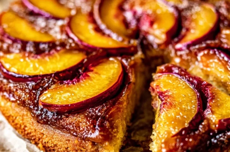 Peach Bourbon Upside-Down Cake topped with caramelized peaches and bourbon glaze