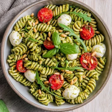 Delicious pesto pasta salad with fresh ingredients and vibrant colors