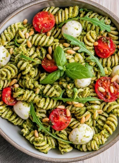 Delicious pesto pasta salad with fresh ingredients and vibrant colors