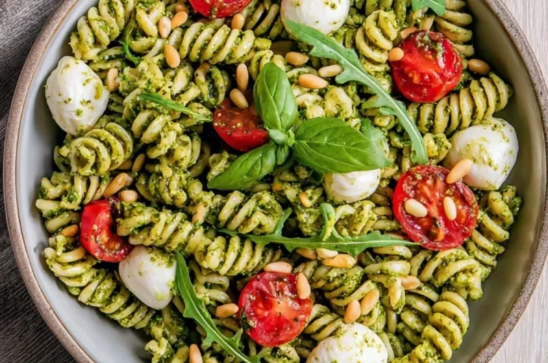 Delicious pesto pasta salad with fresh ingredients and vibrant colors