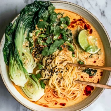 Delicious bowl of quick spicy coconut noodles garnished with fresh herbs