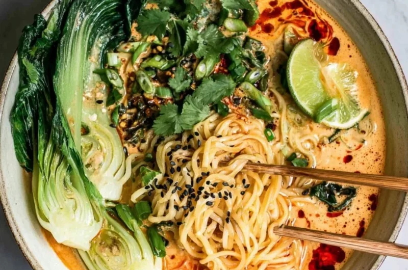 Delicious bowl of quick spicy coconut noodles garnished with fresh herbs