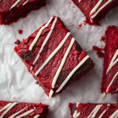 Delicious Red Velvet Brownies topped with cream cheese frosting and chocolate chunks.