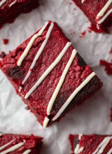 Delicious Red Velvet Brownies topped with cream cheese frosting and chocolate chunks.