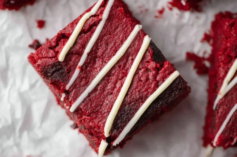 Delicious Red Velvet Brownies topped with cream cheese frosting and chocolate chunks.